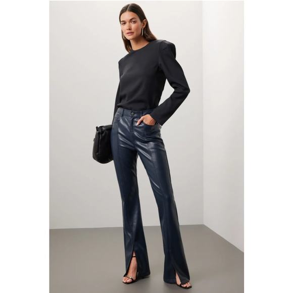 Cinq a Sept Shanis Faux Vegan Leather Pants Blue High Rise Split-Hem Flare Sz 6 - Picture 1 of 14
